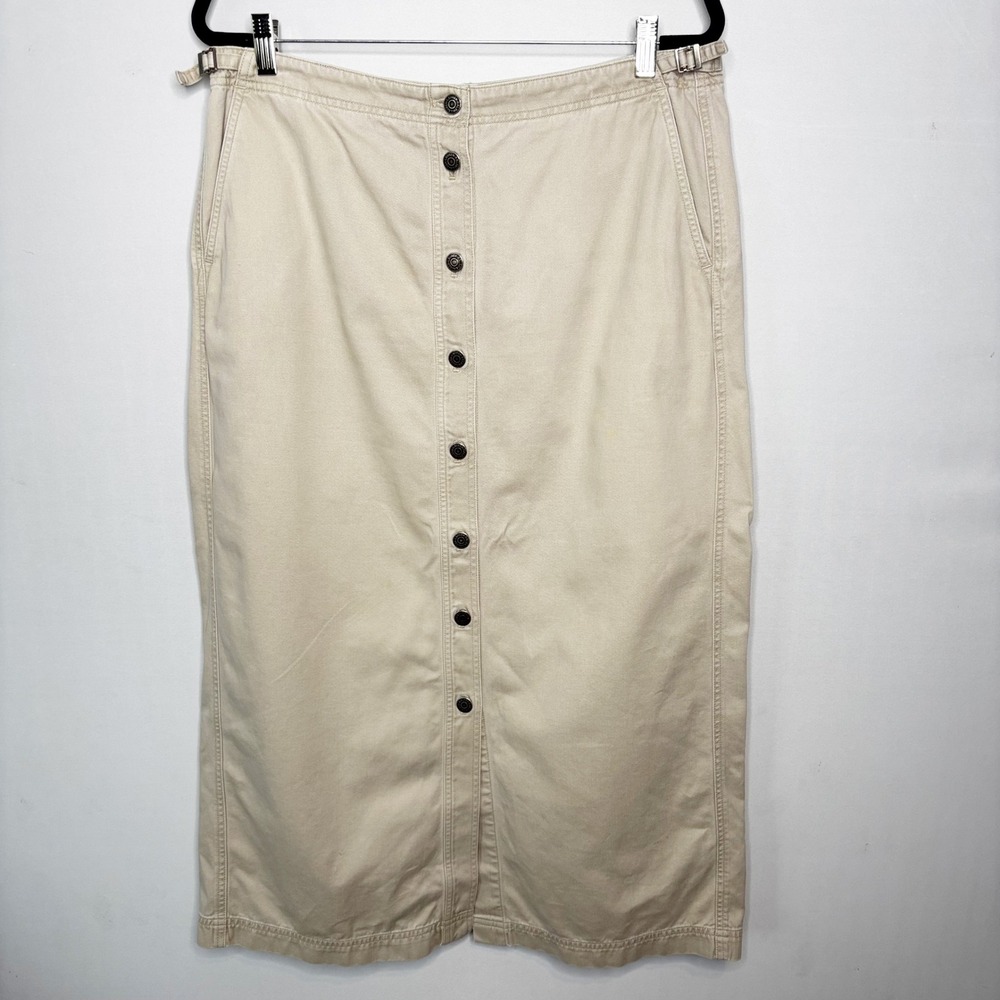 Y2K Lauren Ralph Lauren Cotton Button Front Midi Skirt Size 16 Khaki Cinch Side - Picture 11 of 11